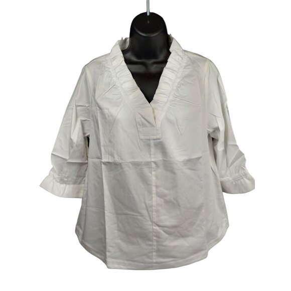 Soft Surroundings Womens PM White Ruffled V-Neck 3/4 Sleeve Blouse - Picture 1 of 6